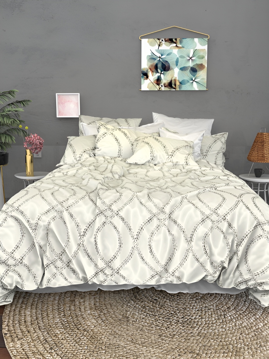 

THE WHITE MOSS Grey & White Floral Cotton 600 TC King Bedsheet with 2 Pillow Covers