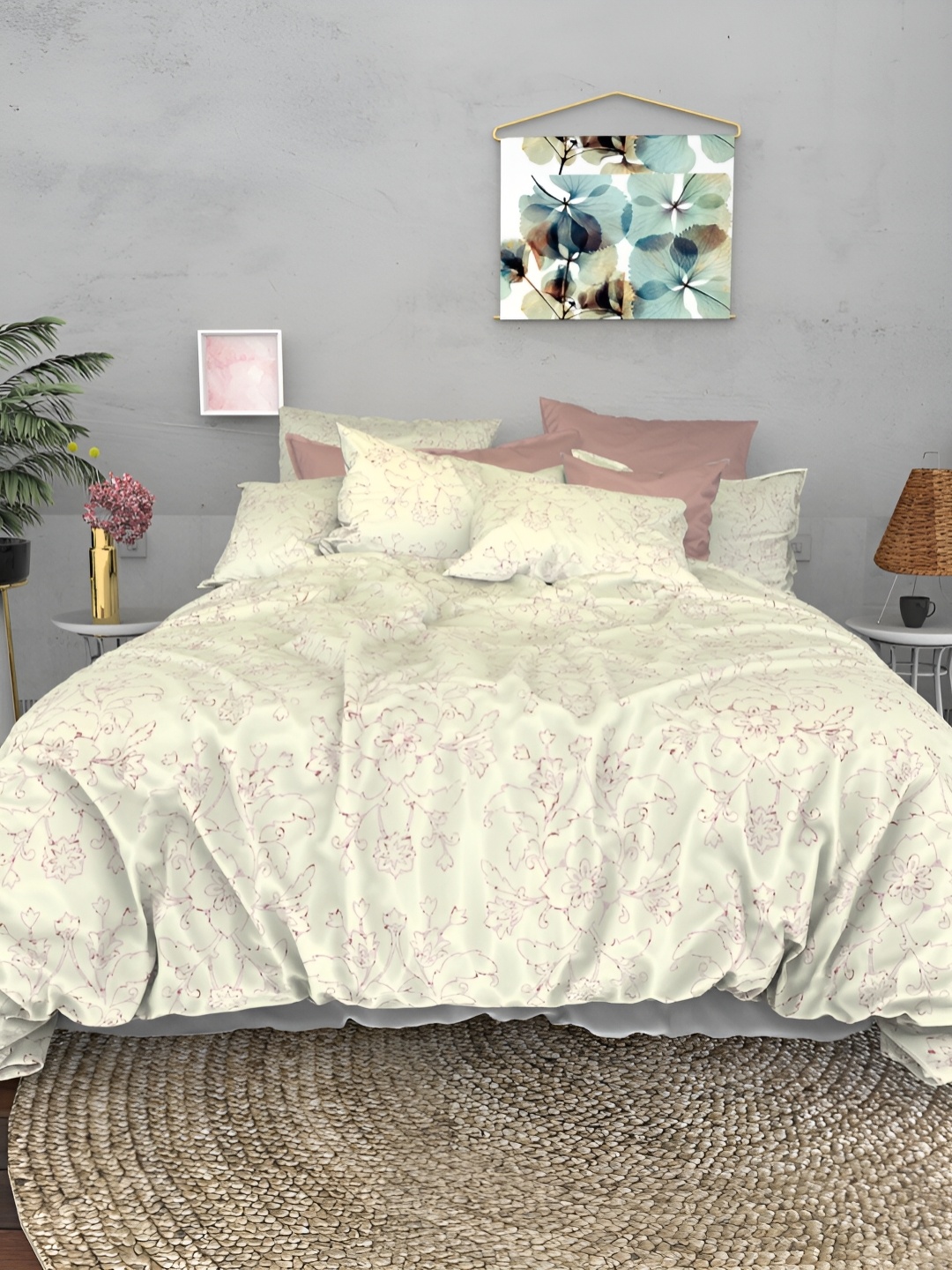 

THE WHITE MOSS Pink & Cream Ethnic Motifs 600 TC King Bedsheet with 2 Pillow Covers