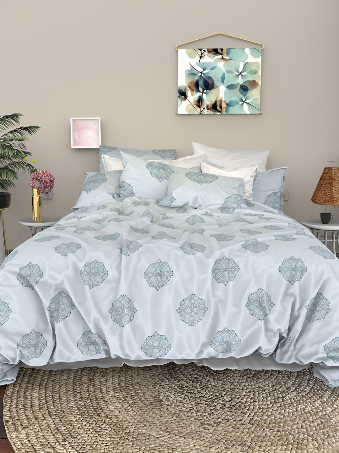 

THE WHITE MOSS Blue Ethnic Motifs 600 TC King Bedsheet with 2 Pillow Covers
