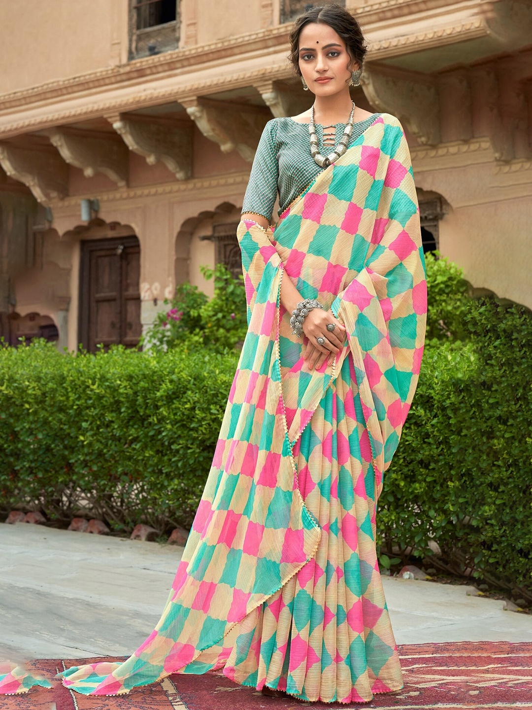 

PBS PRINTS Gotta Patti Poly Chiffon Saree, Beige