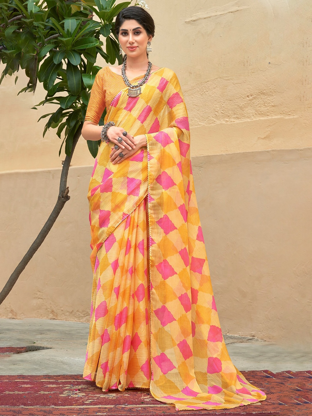 

PBS PRINTS Checked Checked Printed Gotta Patti Saree, Orange