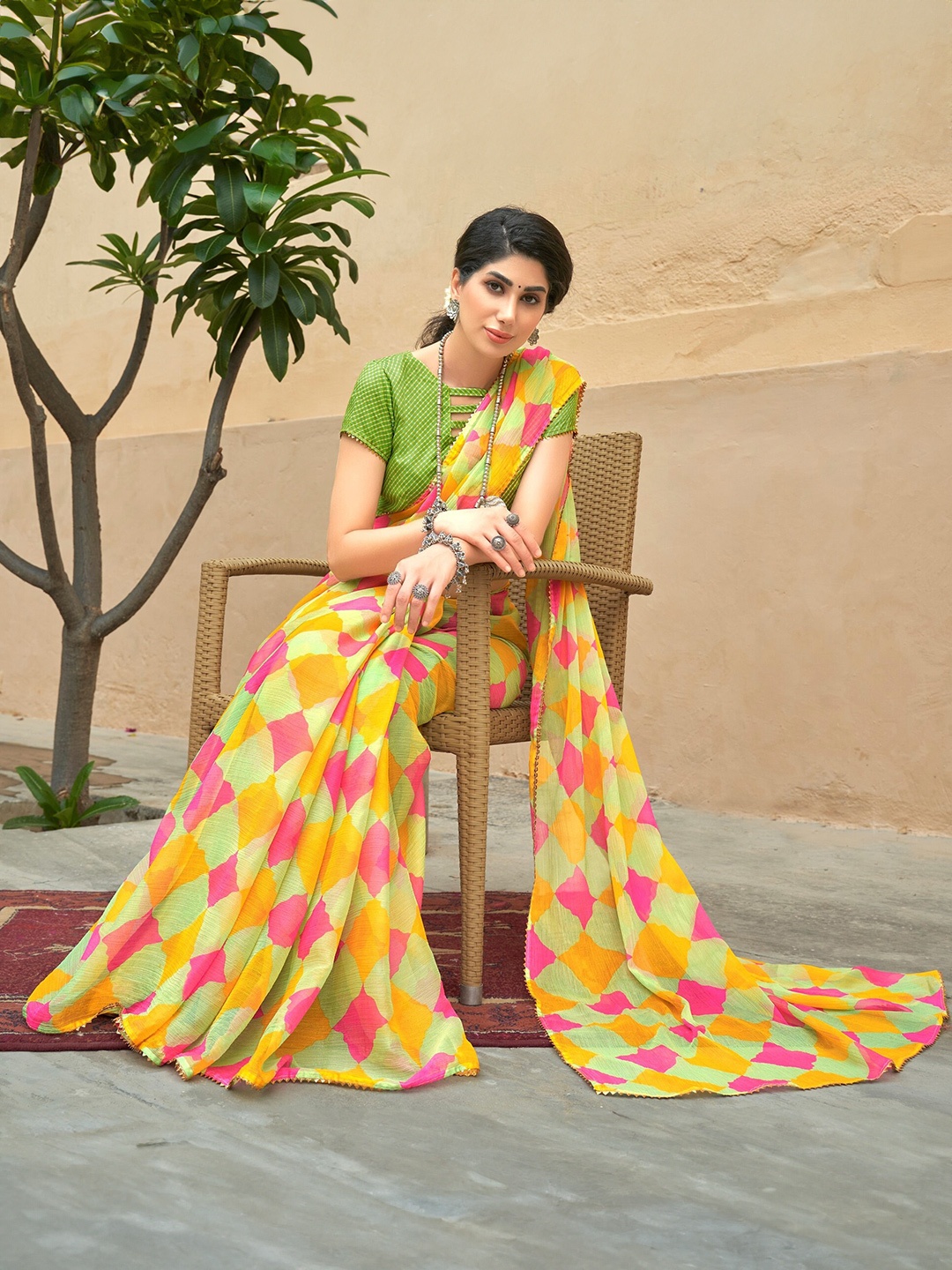 

PBS PRINTS Gotta Patti Poly Chiffon Bomkai silk Saree, Lime green