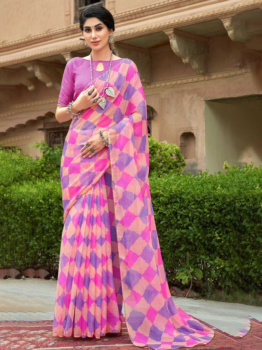 

PBS PRINTS Checked Printed Gotta Patti Saree, Peach