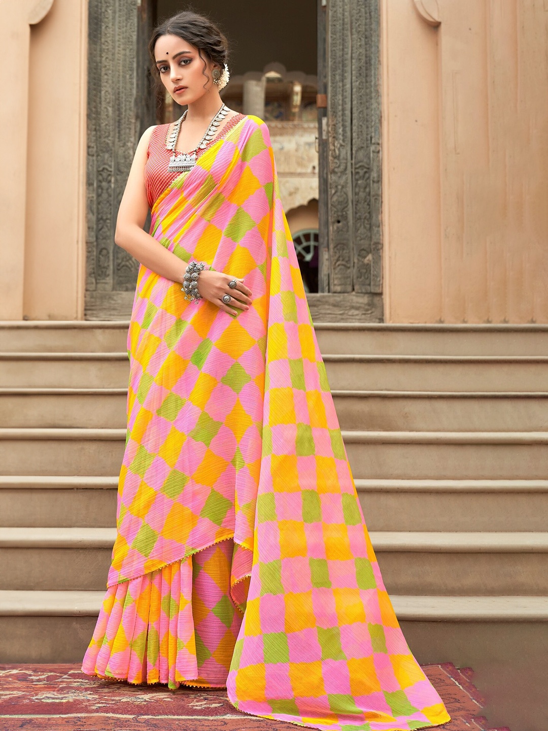 

PBS PRINTS Checked Printed Gotta Patti Saree, Pink