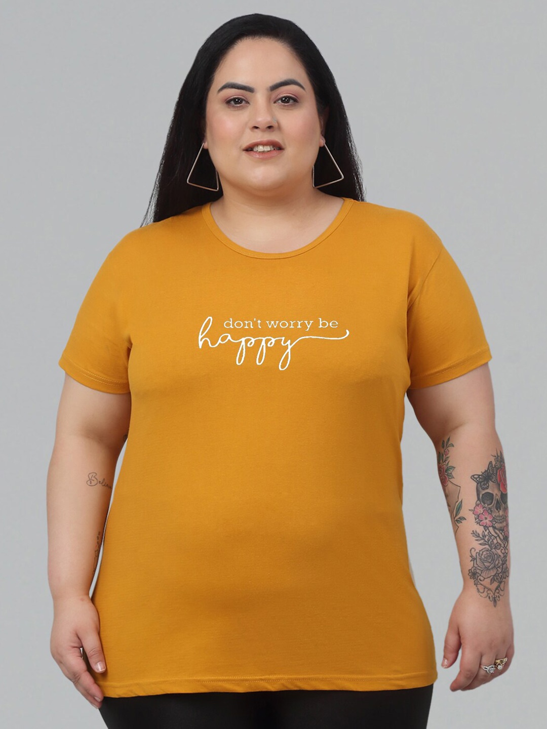 Trend Level Plus Size Round Neck Typography Printed Cotton T-shirt, Mustard