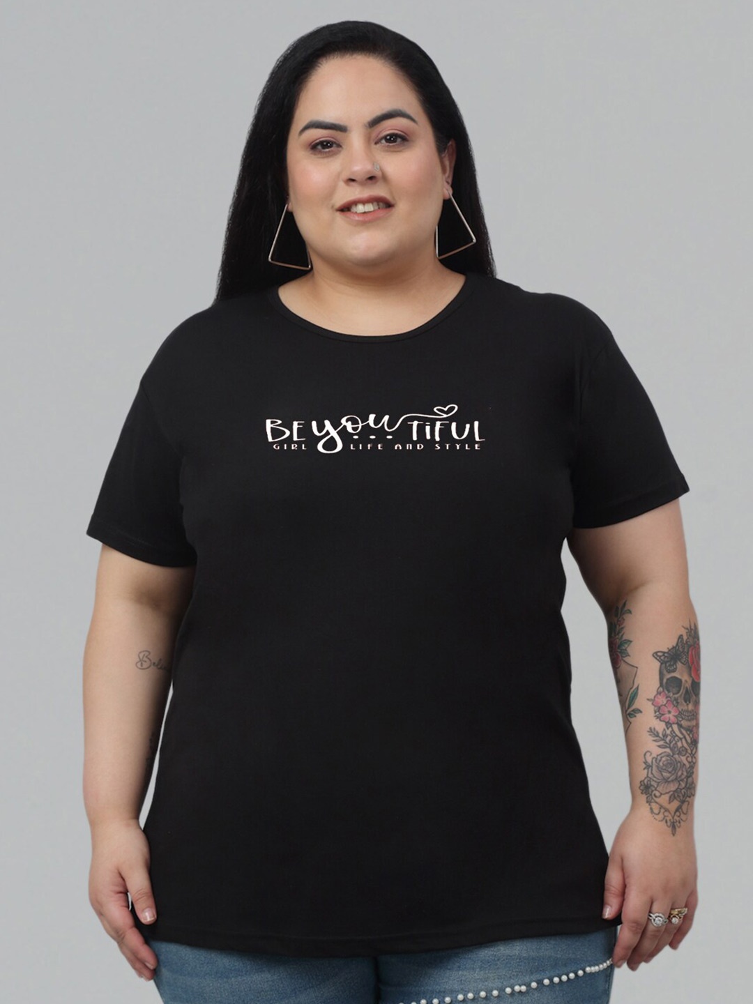 

Trend Level Plus Size Typography Printed Cotton T-shirt, Black