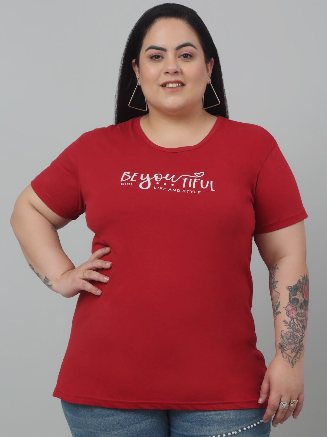 

Trend Level Plus Size Typography Printed Cotton T-shirt, Maroon