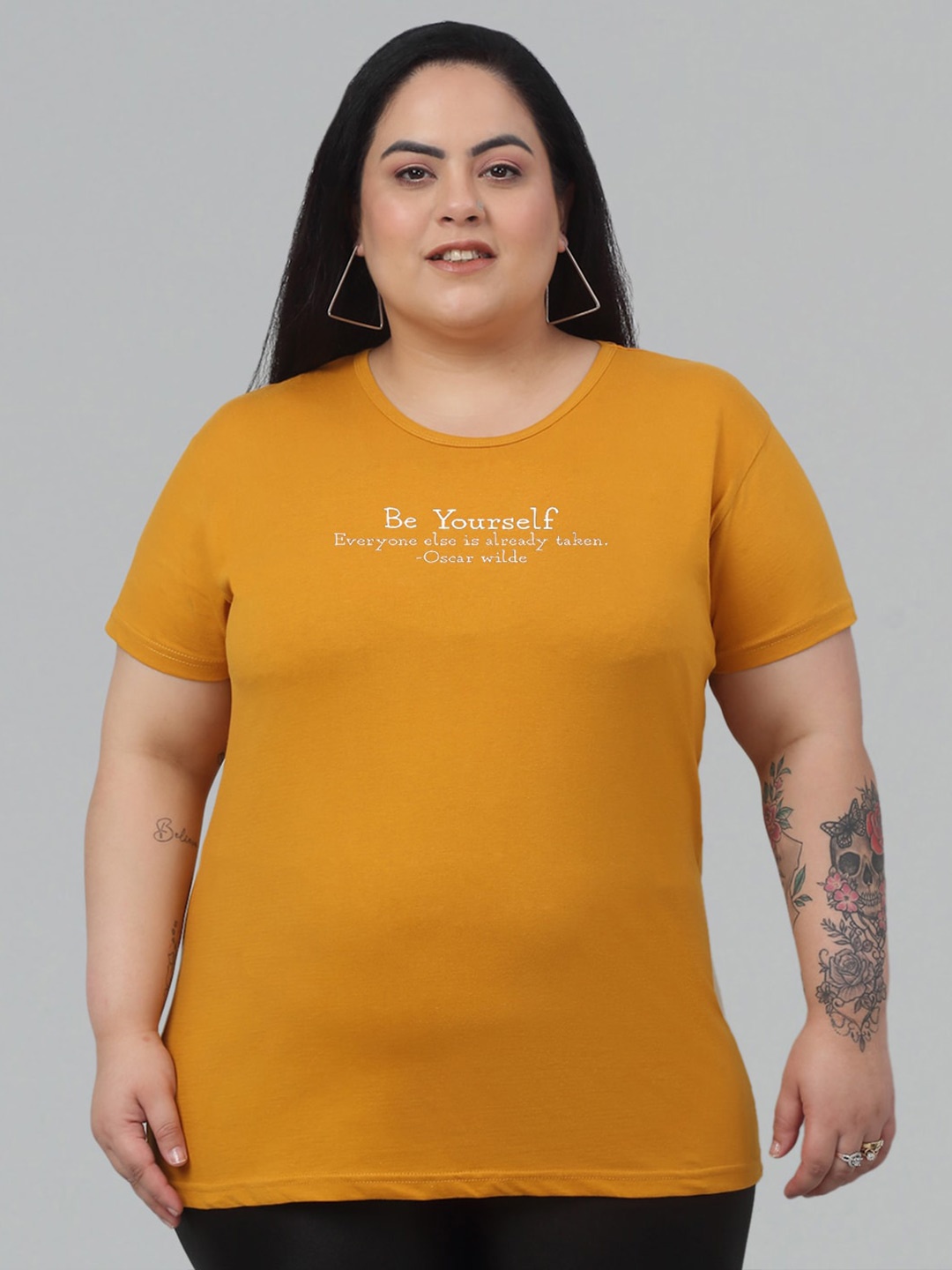 

Trend Level Plus Size Typography Print Round Neck Cotton T-shirt, Mustard