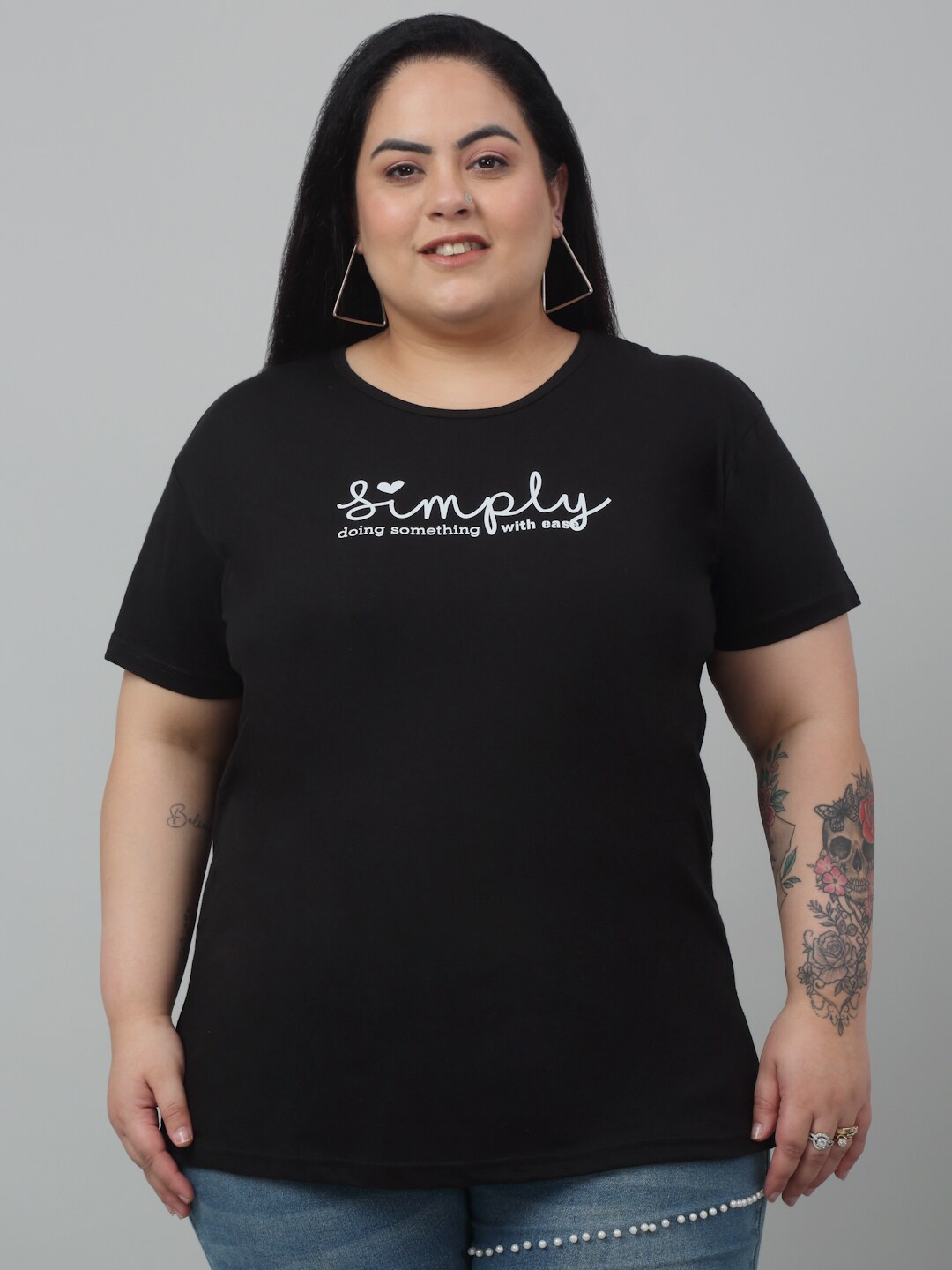 Trend Level Plus Size Typography Printed Pure Cotton T-shirt, Black
