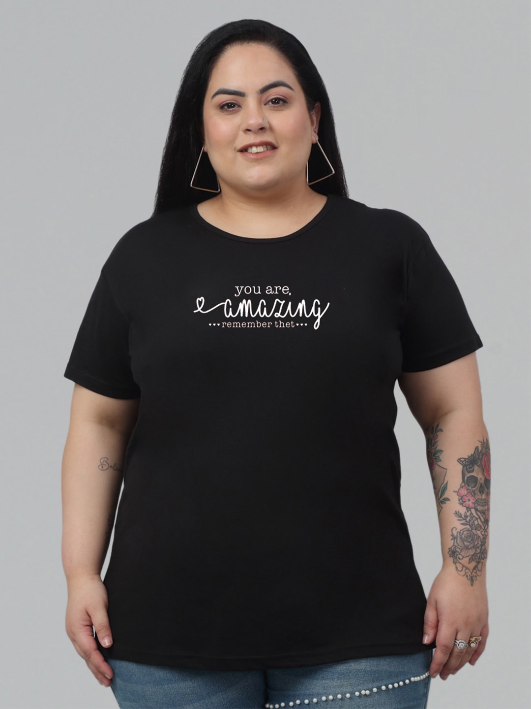 

Trend Level Plus Size Typography Printed Pure Cotton T-shirt, Black