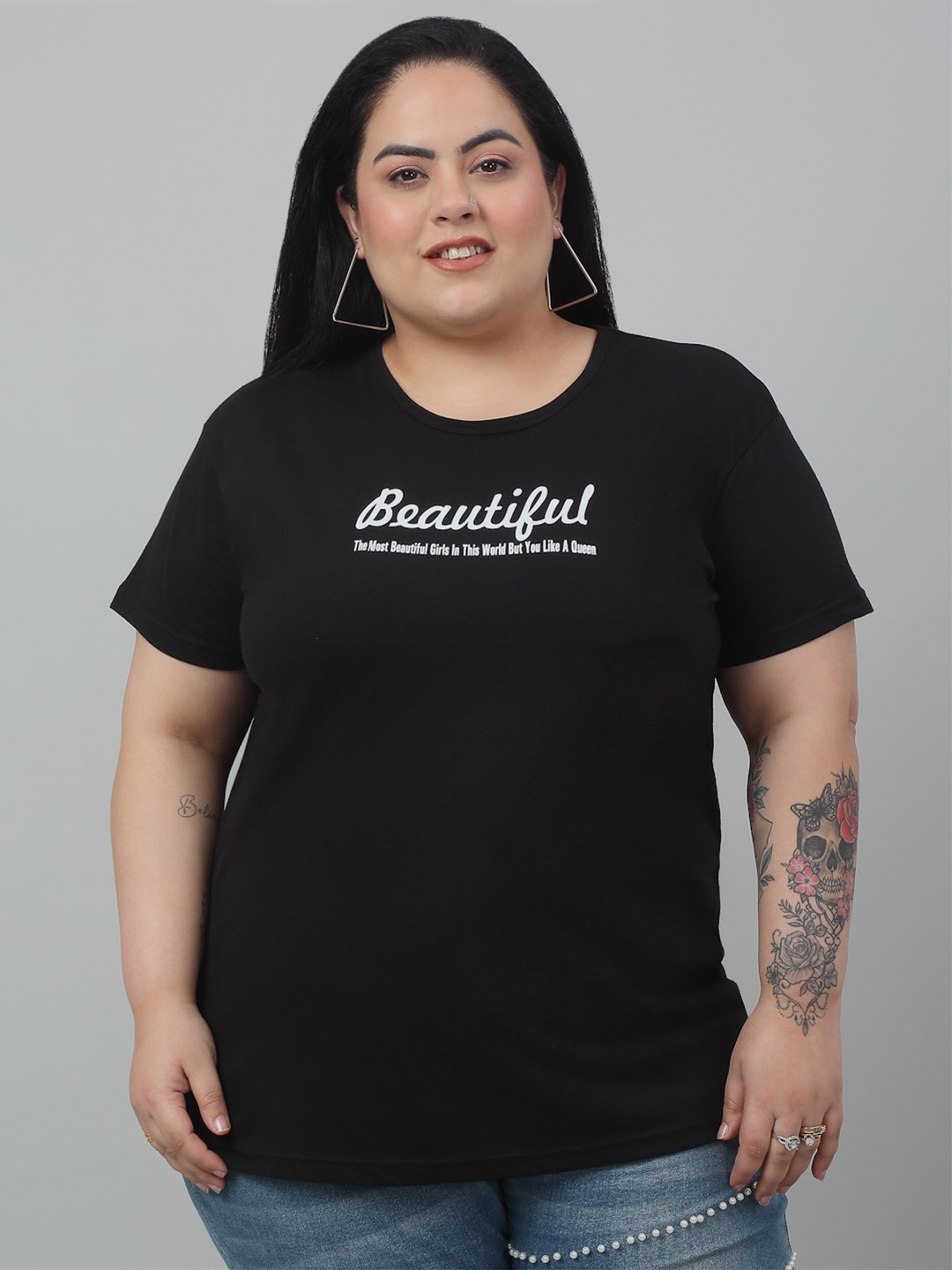 Trend Level Typography Printed Short Sleeves Round Neck Cotton T-shirt, Black