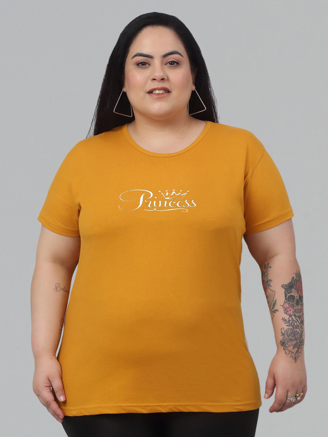 

Trend Level Plus Size Typography Printed Pure Cotton T-shirt, Mustard