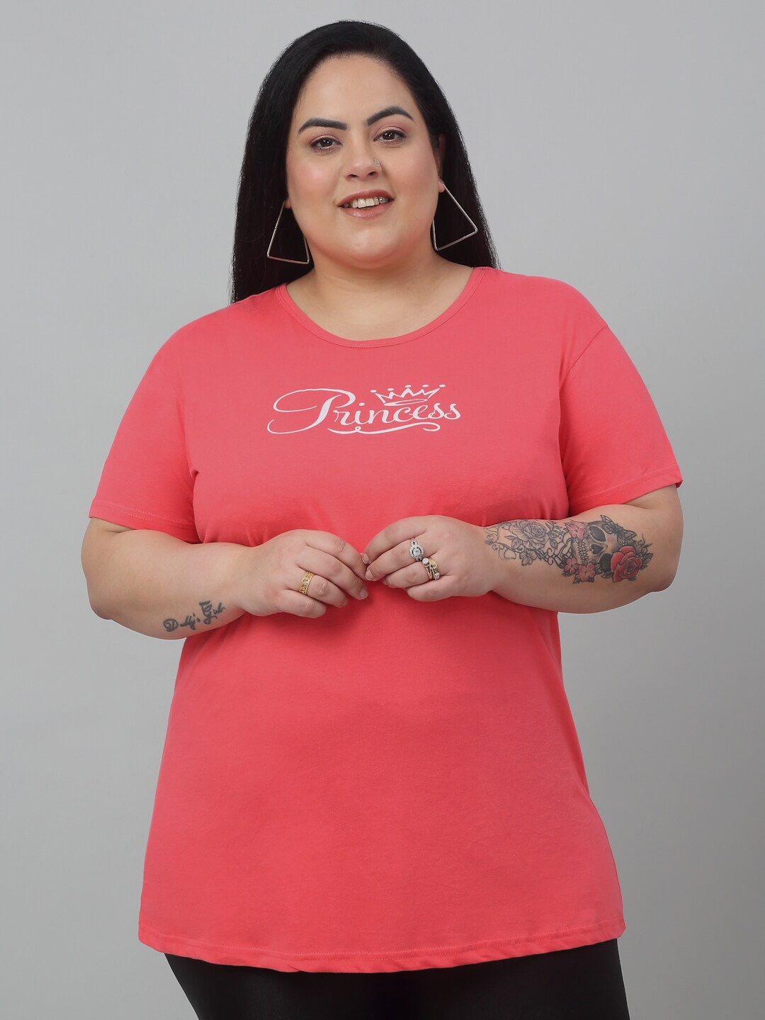 

Trend Level Plus Size Typography Printed Pure Cotton T-shirt, Coral