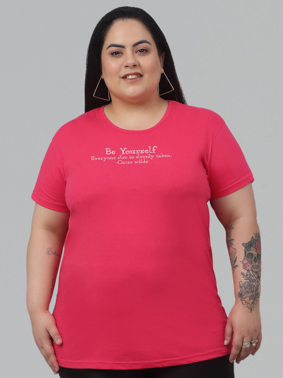 Trend Level Plus Size Typography Printed Pure Cotton T-shirt, Pink