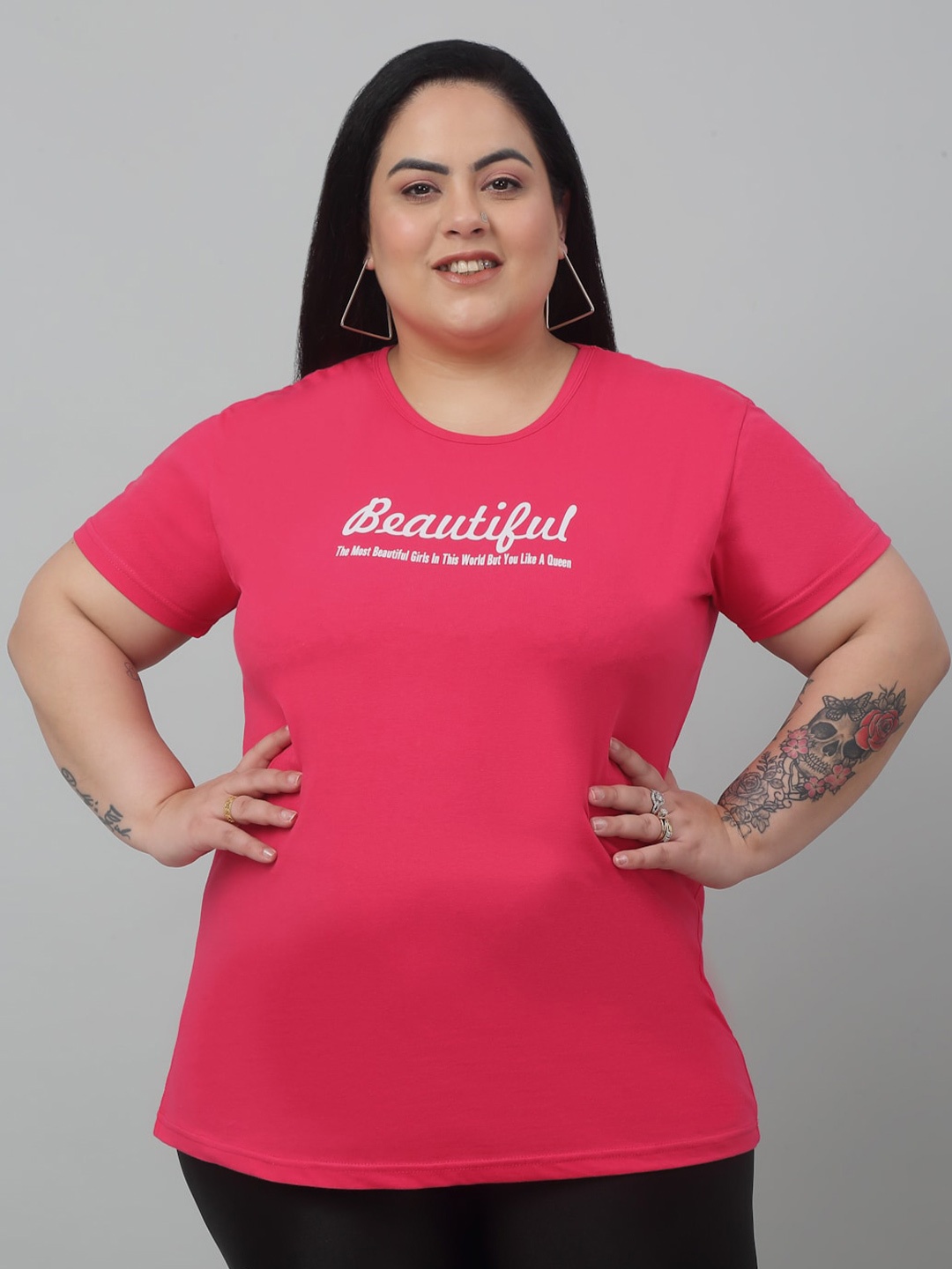 

Trend Level Plus Size Typography Printed Pure Cotton T-shirt, Pink