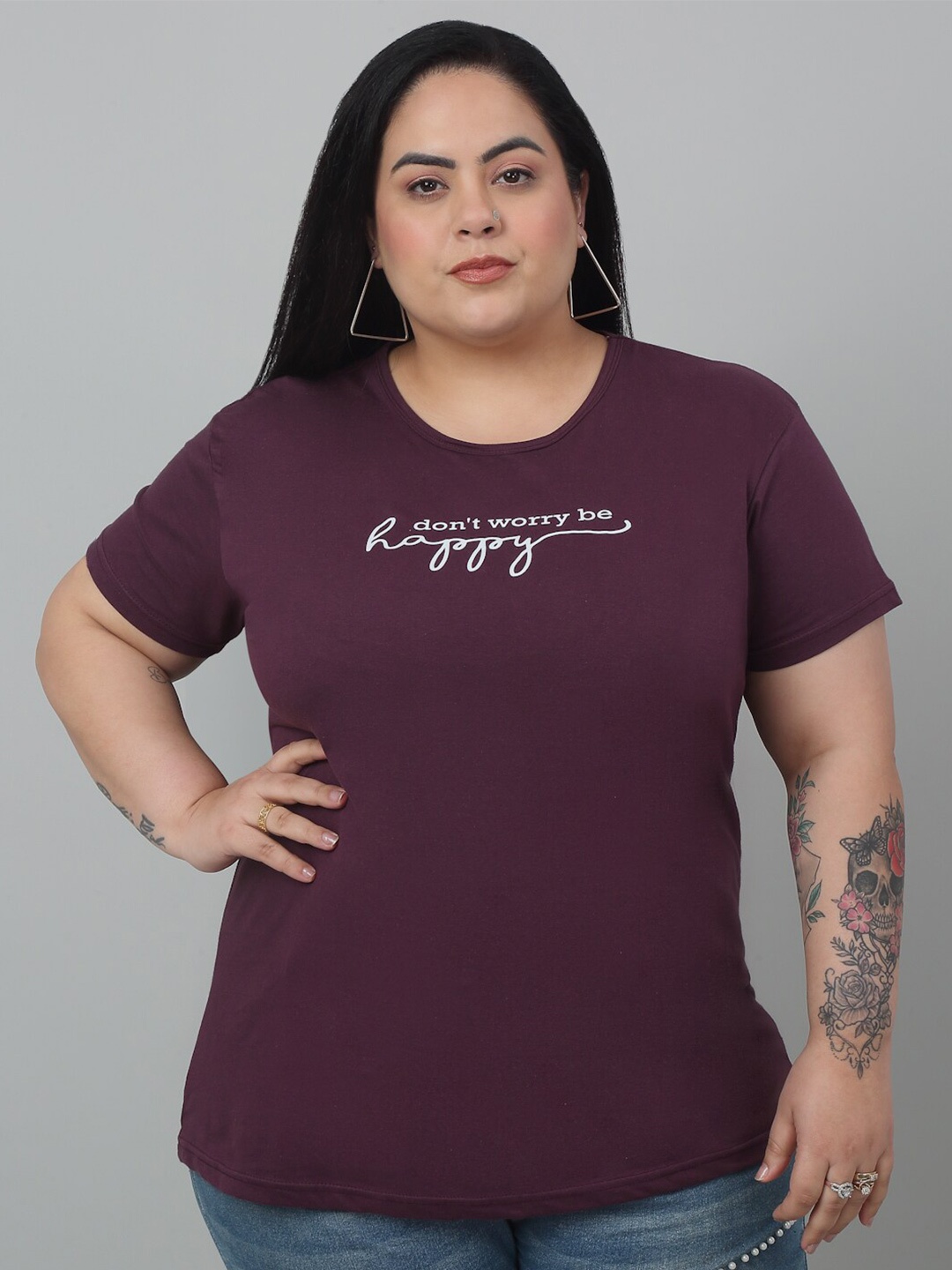 

Trend Level Plus Size Typography Printed Pure Cotton T-shirt, Burgundy