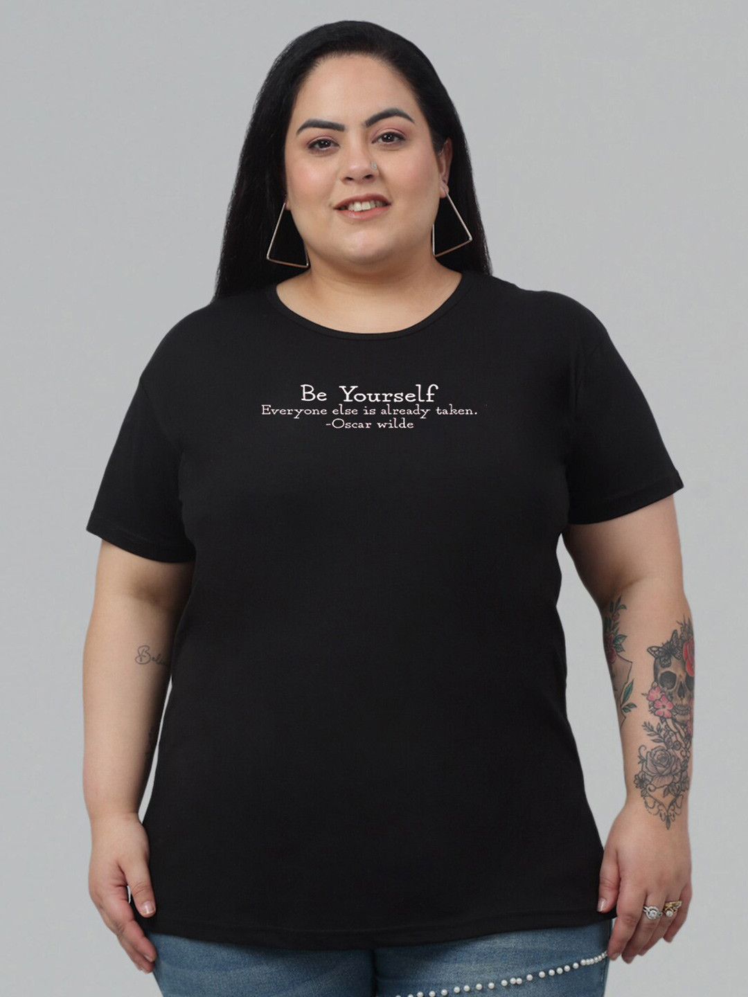 

Trend Level Plus Size Typography Printed Cotton T-shirt, Black