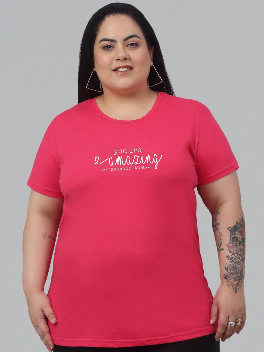

Trend Level Plus Size Typography Printed Cotton T-shirt, Pink