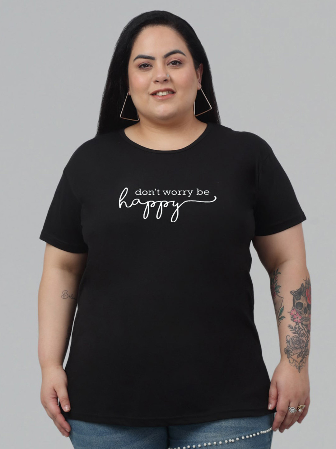 

Trend Level Plus Size Typography Printed Cotton T-shirt, Black