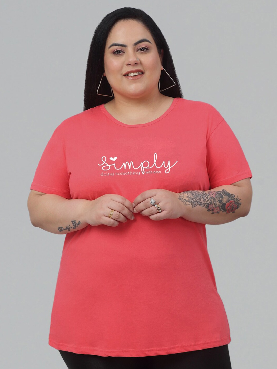 

Trend Level Plus Size Round Neck Printed Cotton T-shirt, Coral