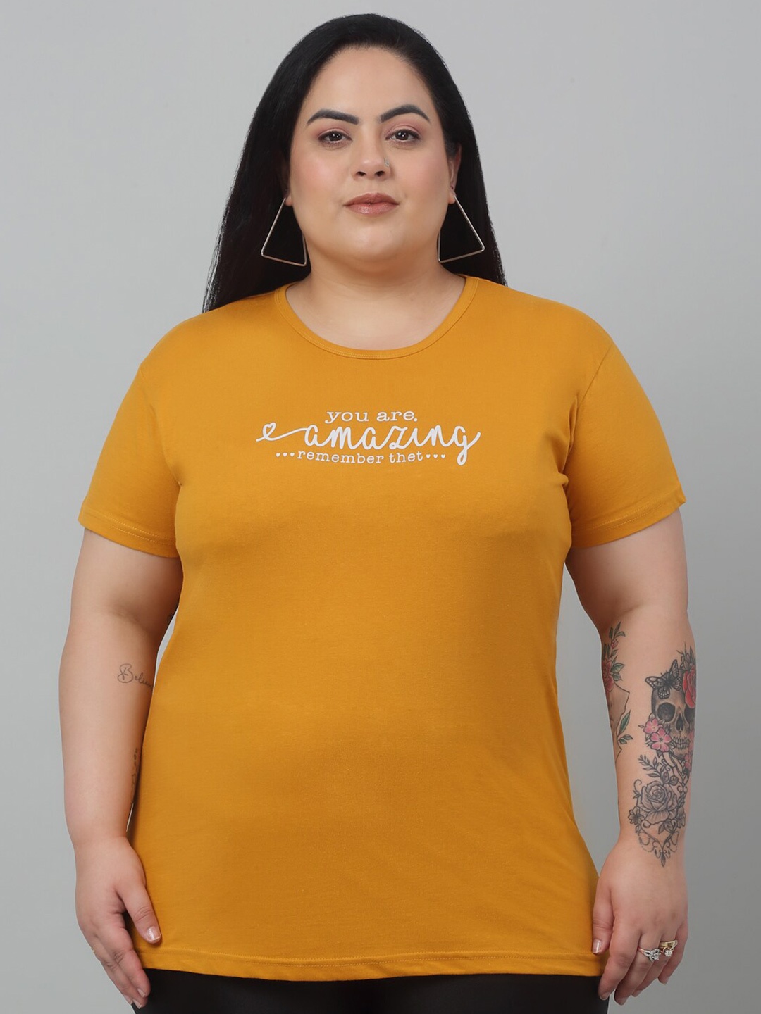 

Trend Level Plus Size Round Neck Typography Printed Cotton T-shirt, Mustard