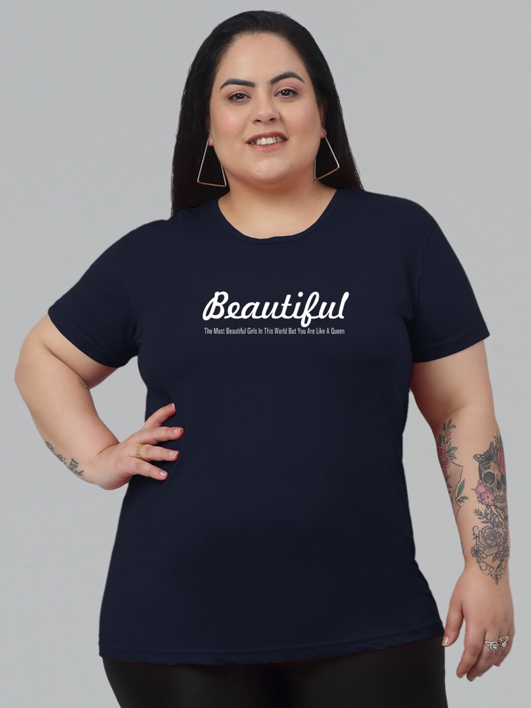 

Trend Level Plus Size Typography Printed Cotton T-shirt, Navy blue
