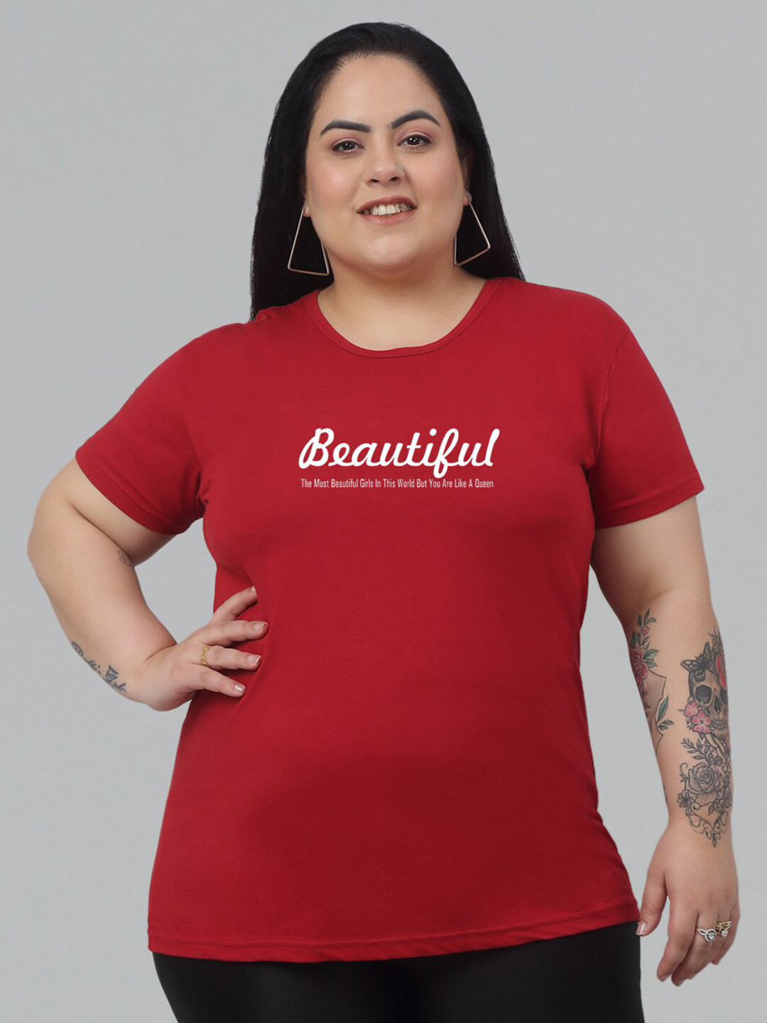 

Trend Level Plus Size Round Neck Typography Cotton T-shirt, Maroon