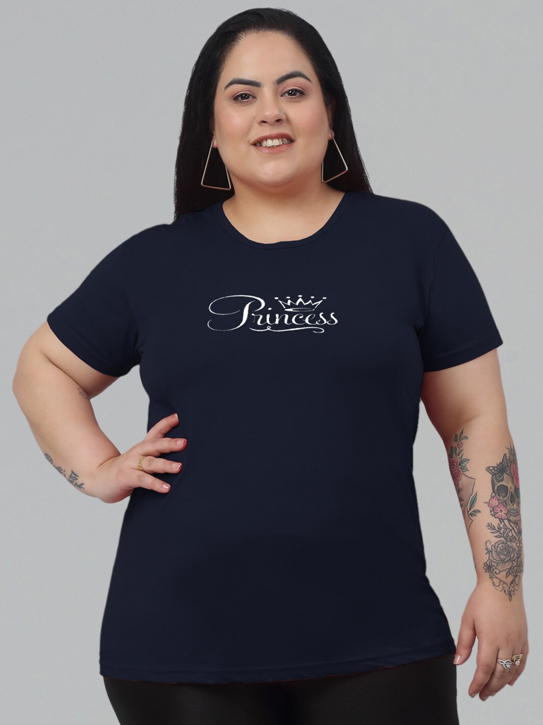 Trend Level Plus Size Round Neck Typography Printed Cotton T-shirt, Navy blue