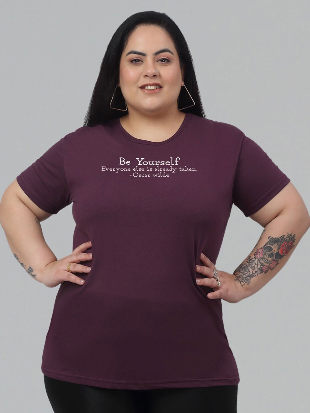 Trend Level Plus Size Typography Printed Pure Cotton T-shirt, Burgundy