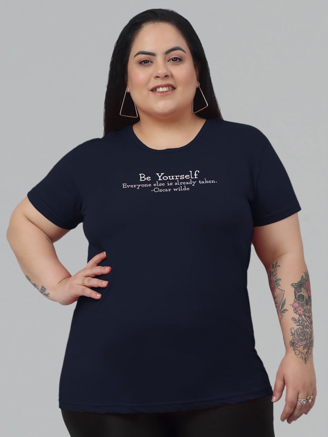 

Trend Level Typography Printed Short Sleeves Round Neck Cotton T-shirt, Navy blue