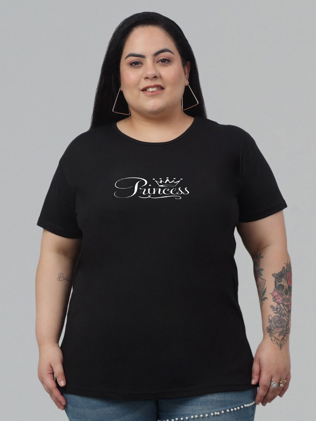 

Trend Level Plus Size Typography Printed Pure Cotton T-shirt, Black