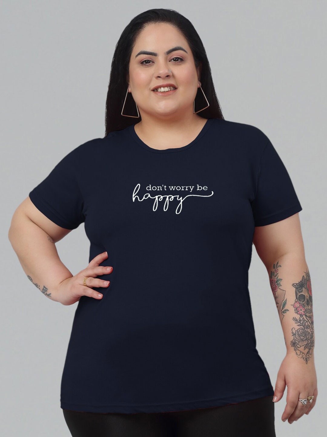 

Trend Level Plus Size Typography Printed Pure Cotton T-shirt, Navy blue