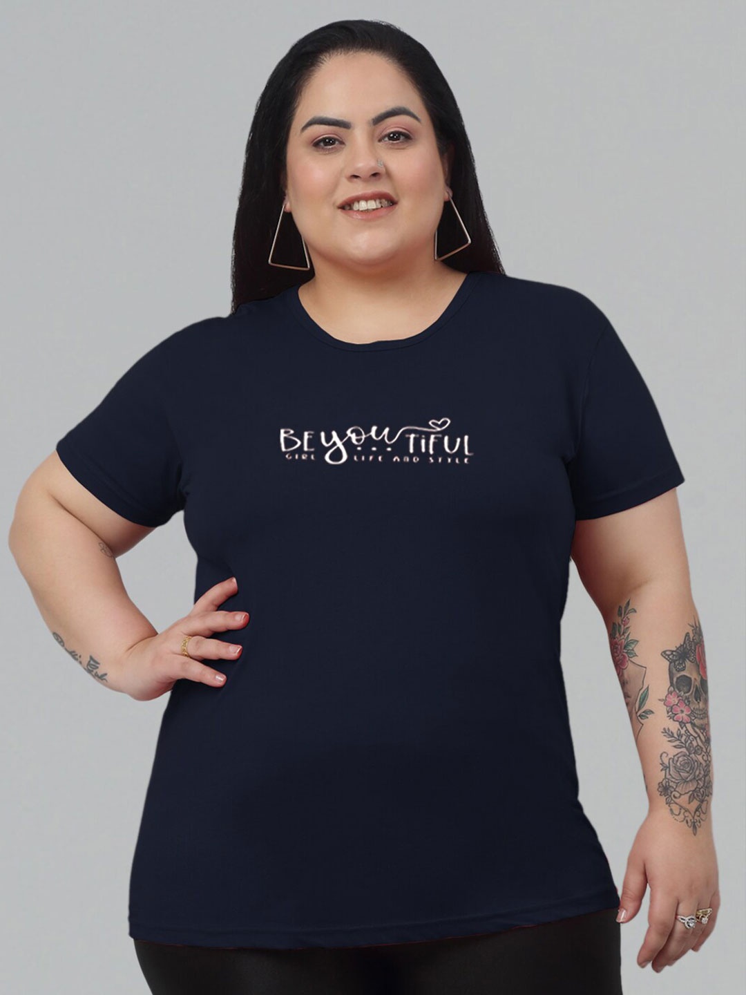 

Trend Level Plus Size Typography Printed Cotton T-shirt, Navy blue