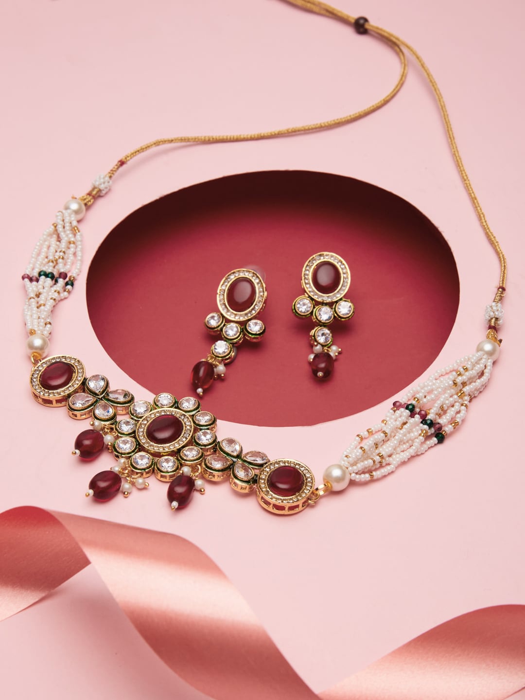 

ATIBELLE Gold-Plated Kundan-Studded & Beaded Jewellery Set