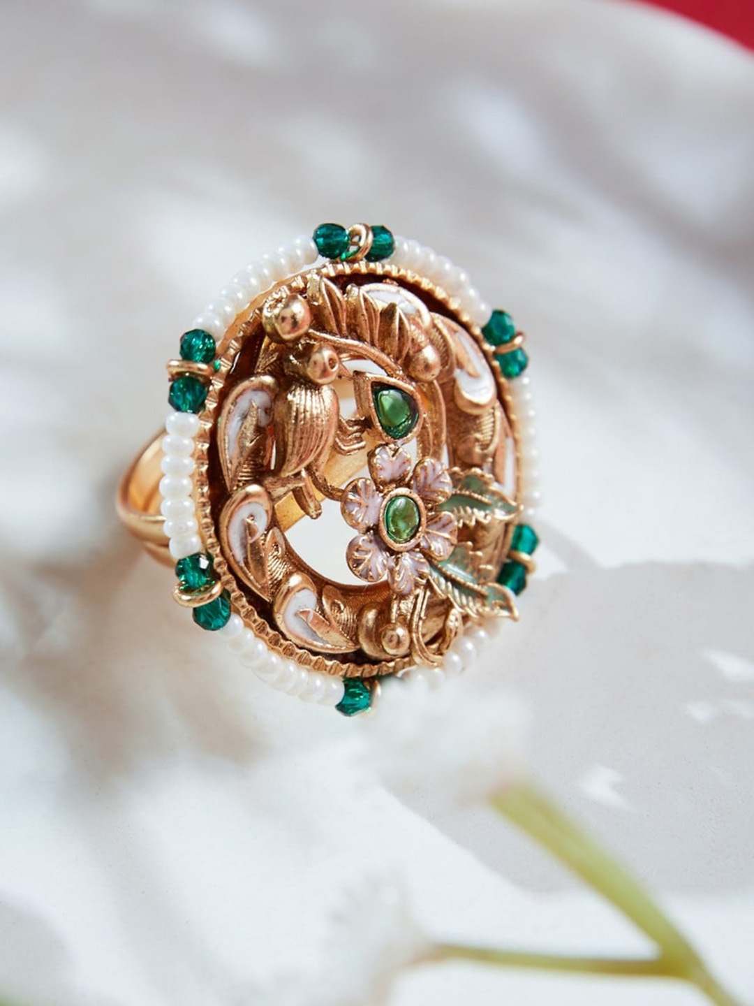 

ATIBELLE Gold-Plated Kundan-Studded & Beaded Ring
