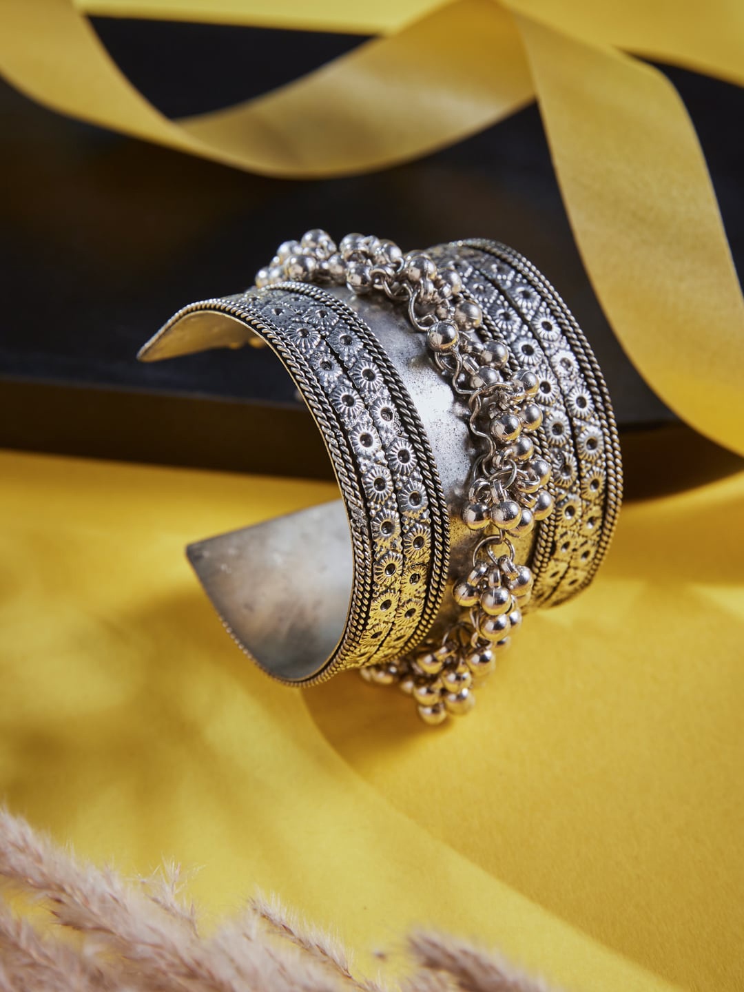 

ATIBELLE Silver-Plated Ghunghroo Stone Studded Adjustable Bangle