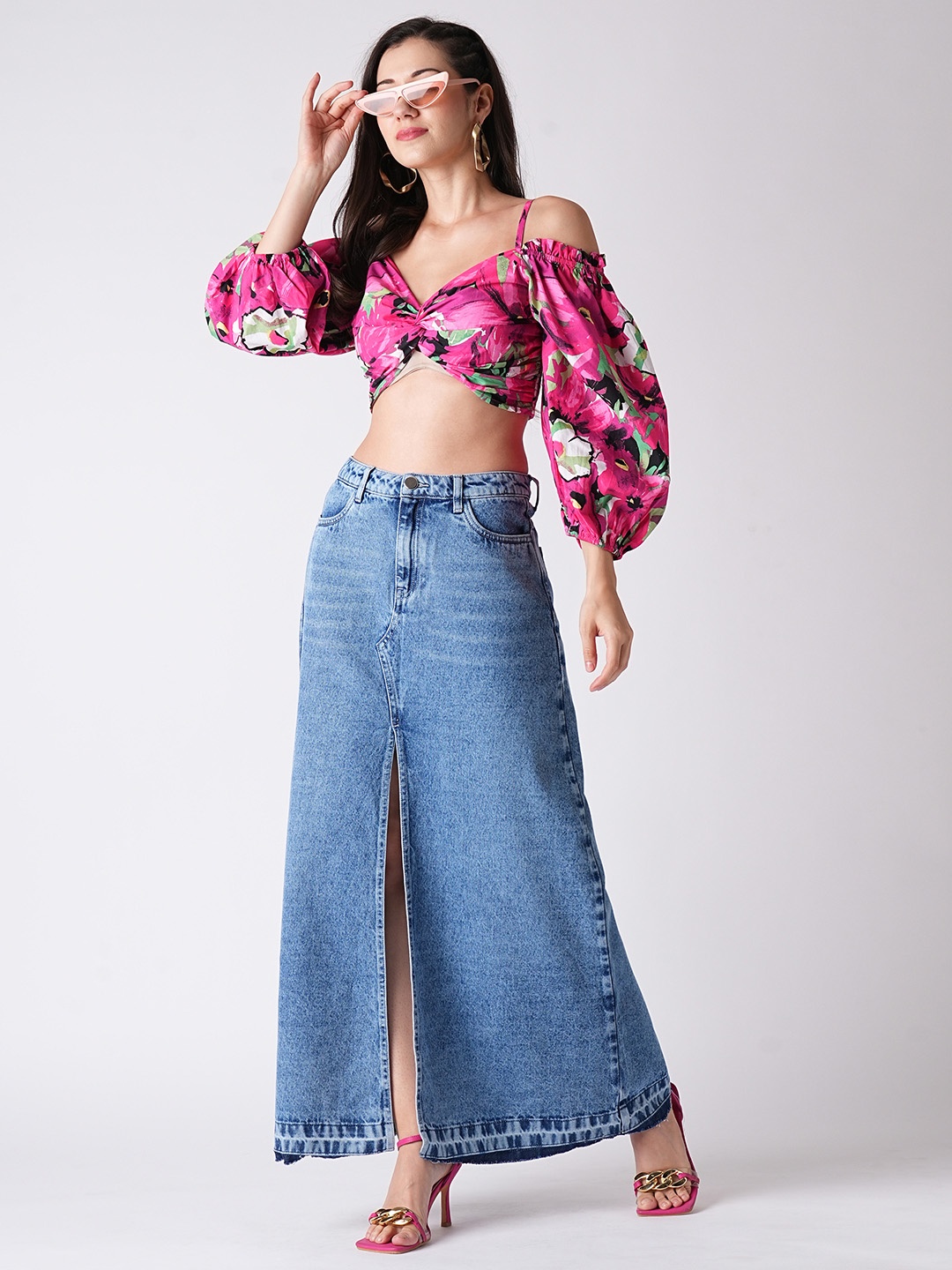 

Globus Front Slit Fringed A-Line Maxi Denim Skirt, Blue