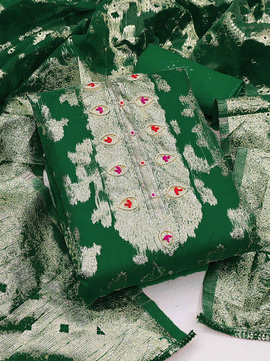 

KALINI Floral Woven Design Zari Unstitched Dress Material, Green