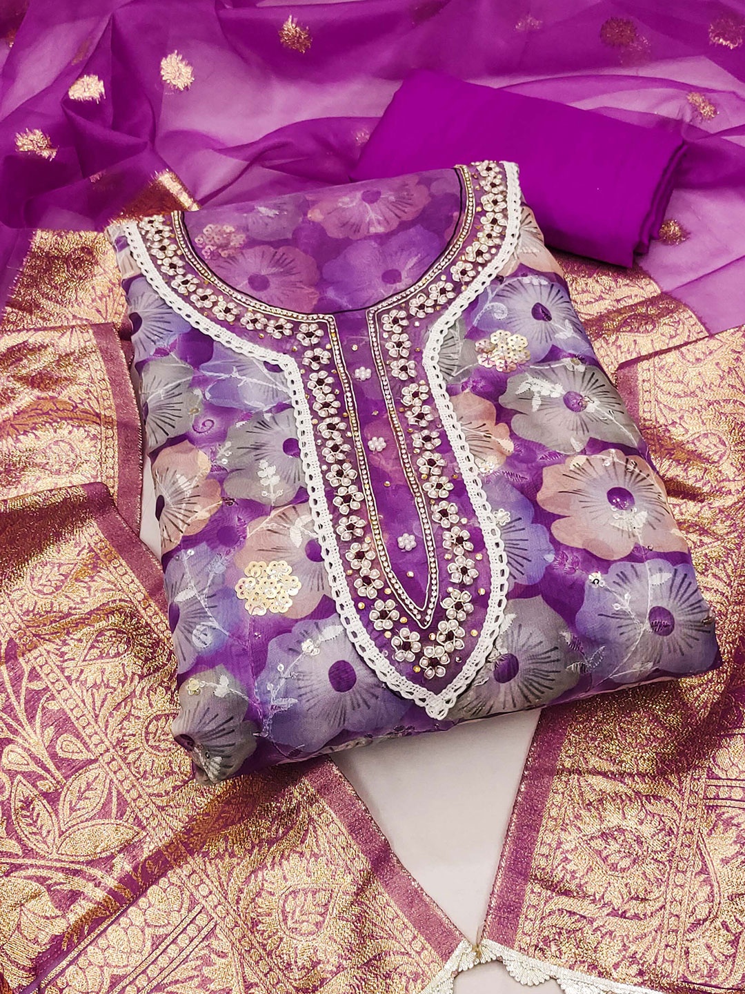 

KALINI Floral Printed Beads and Stones Organza Unstitched Dress Material, Purple