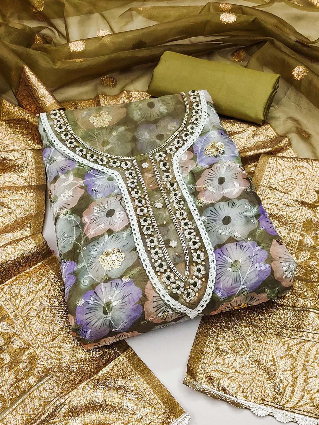 

KALINI Floral Printed Beads and Stones Organza Unstitched Dress Material, Green