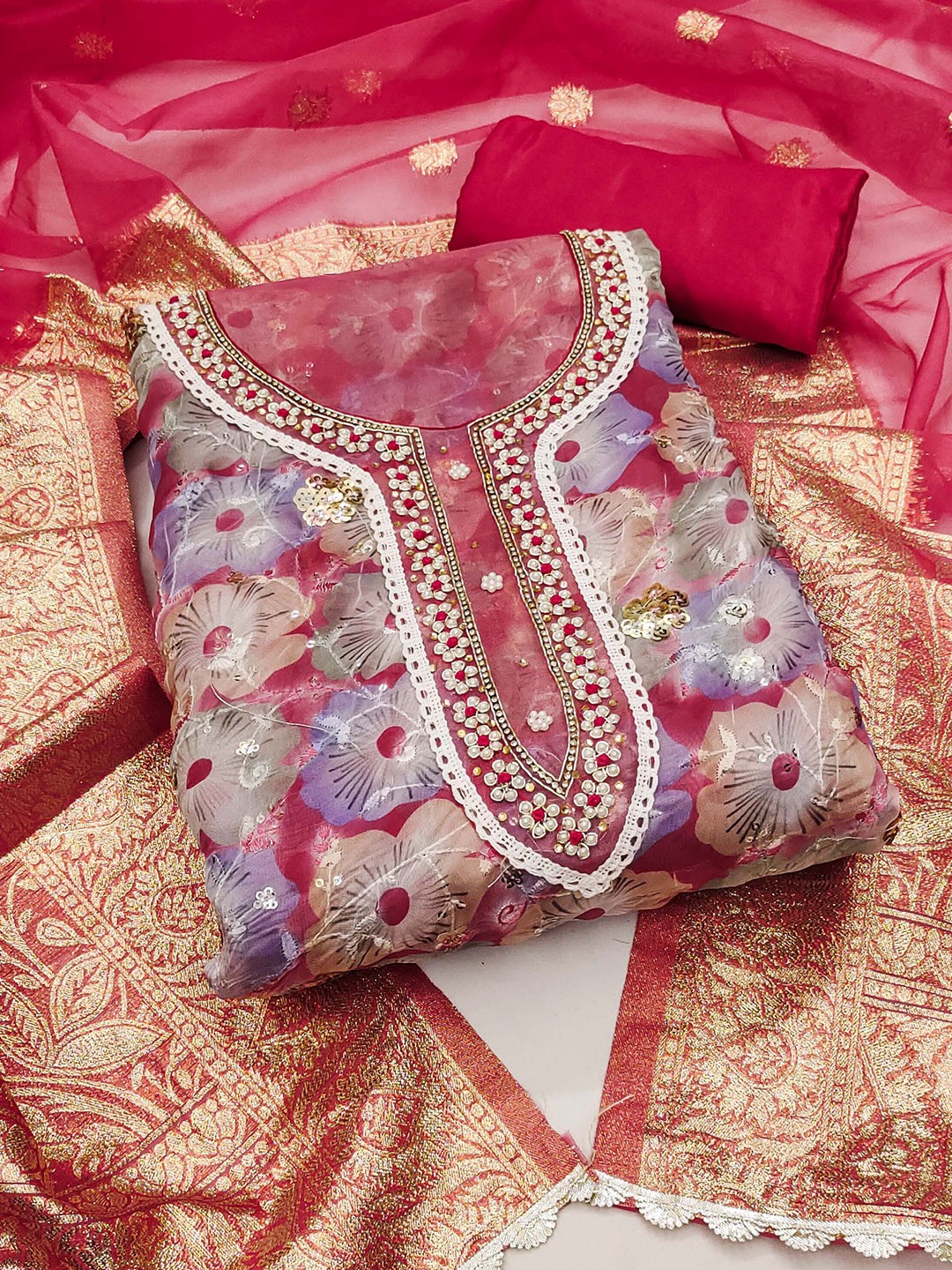

KALINI Floral Printed Beads and Stones Unstitched Dress Material, Pink
