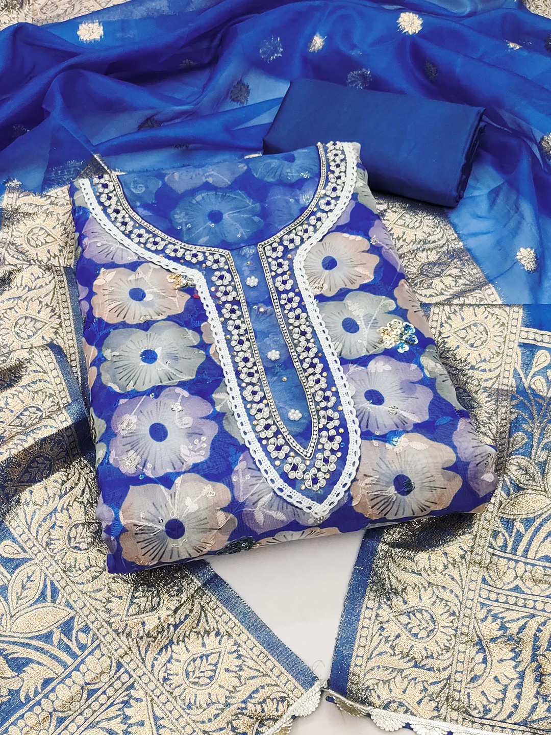 

KALINI Floral Printed Beads and Stones Organza Unstitched Dress Material, Blue