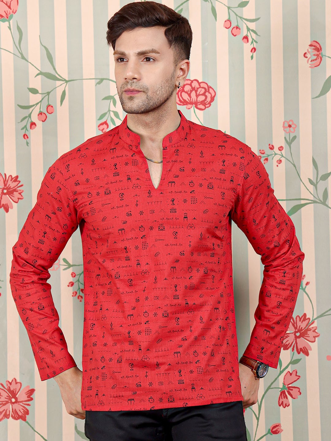 

Ode by House of Pataudi All Over Printed Pure Cotton Short Kurta, Red