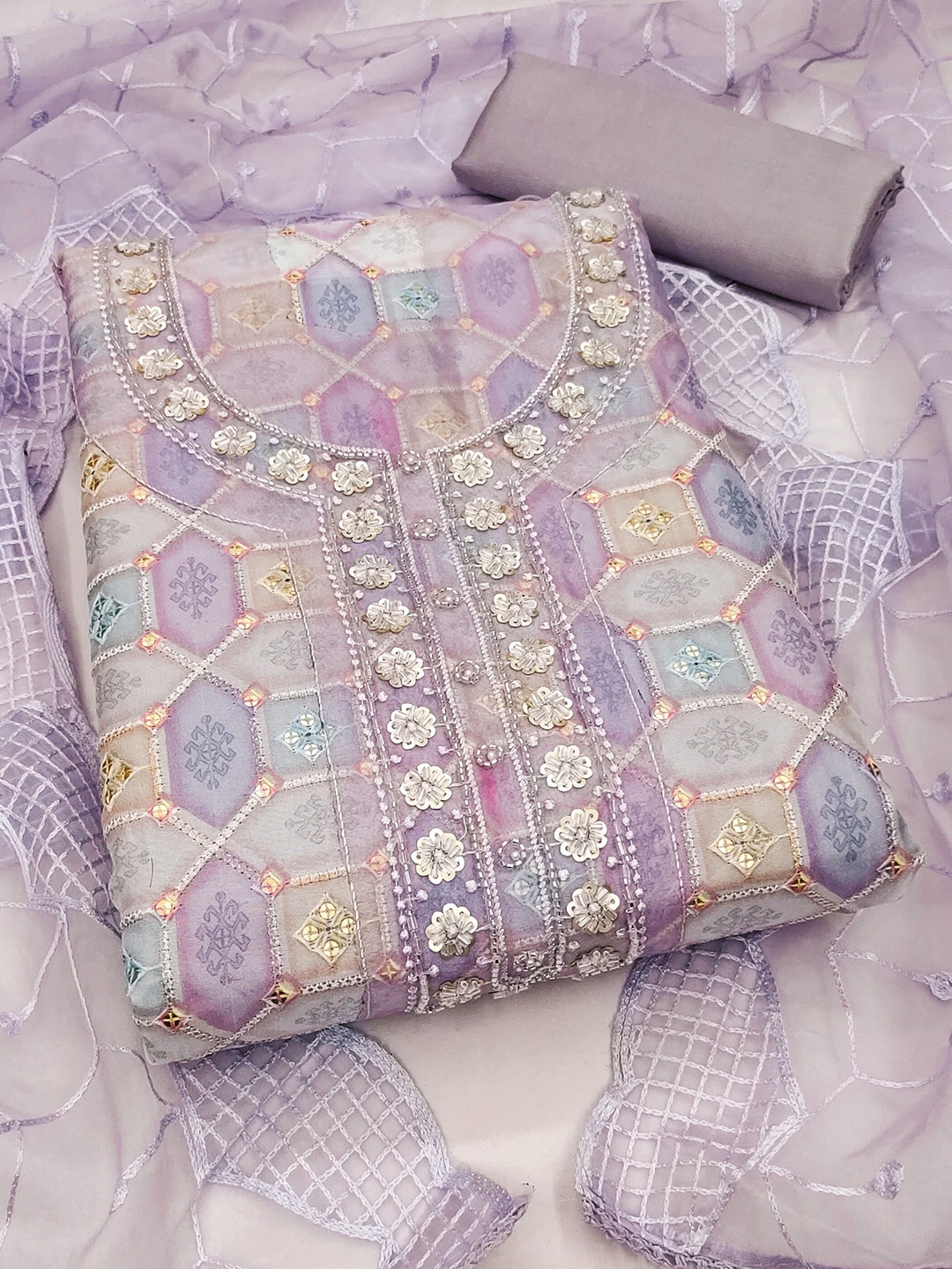 

KALINI Floral Printed Beads and Stones Unstitched Dress Material, Lavender