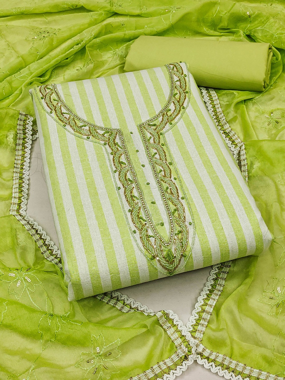 

KALINI Striped Beads & Stones Detailed Unstitched Dress Material, Green