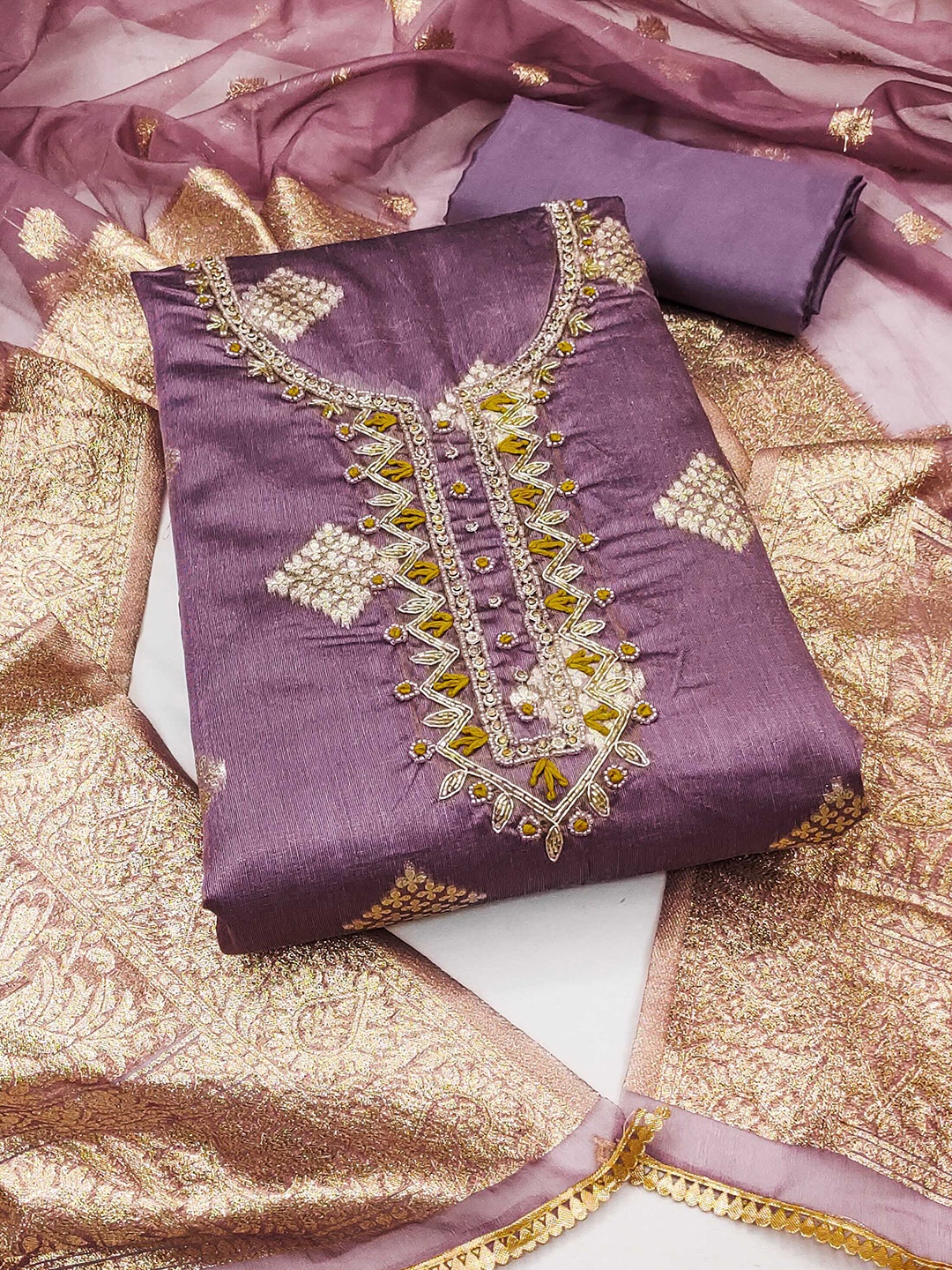 

KALINI Geometric Woven Design Beads and Stones Unstitched Dress Material, Lavender