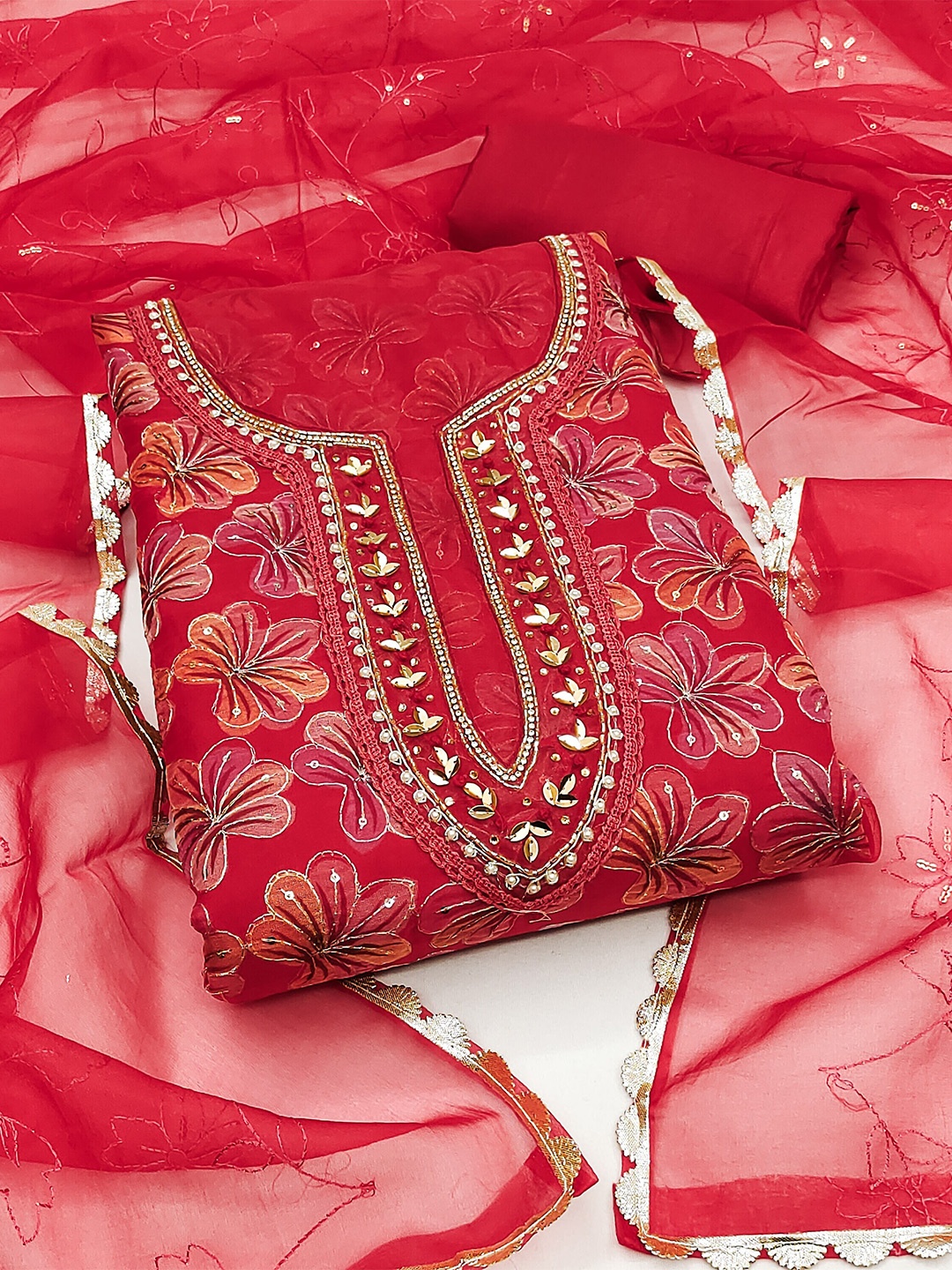 

KALINI Floral Printed Beads and Stones Organza Unstitched Dress Material, Red