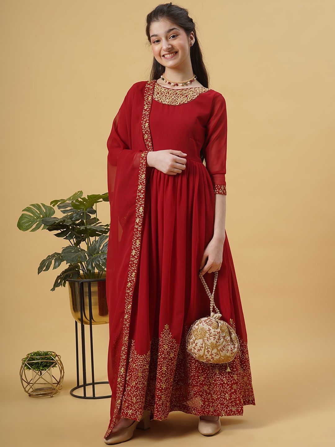 

BAESD Girls Ethnic Motifs Embroidered Gathered Detailed Maxi Ethnic Dress With Dupatta, Maroon