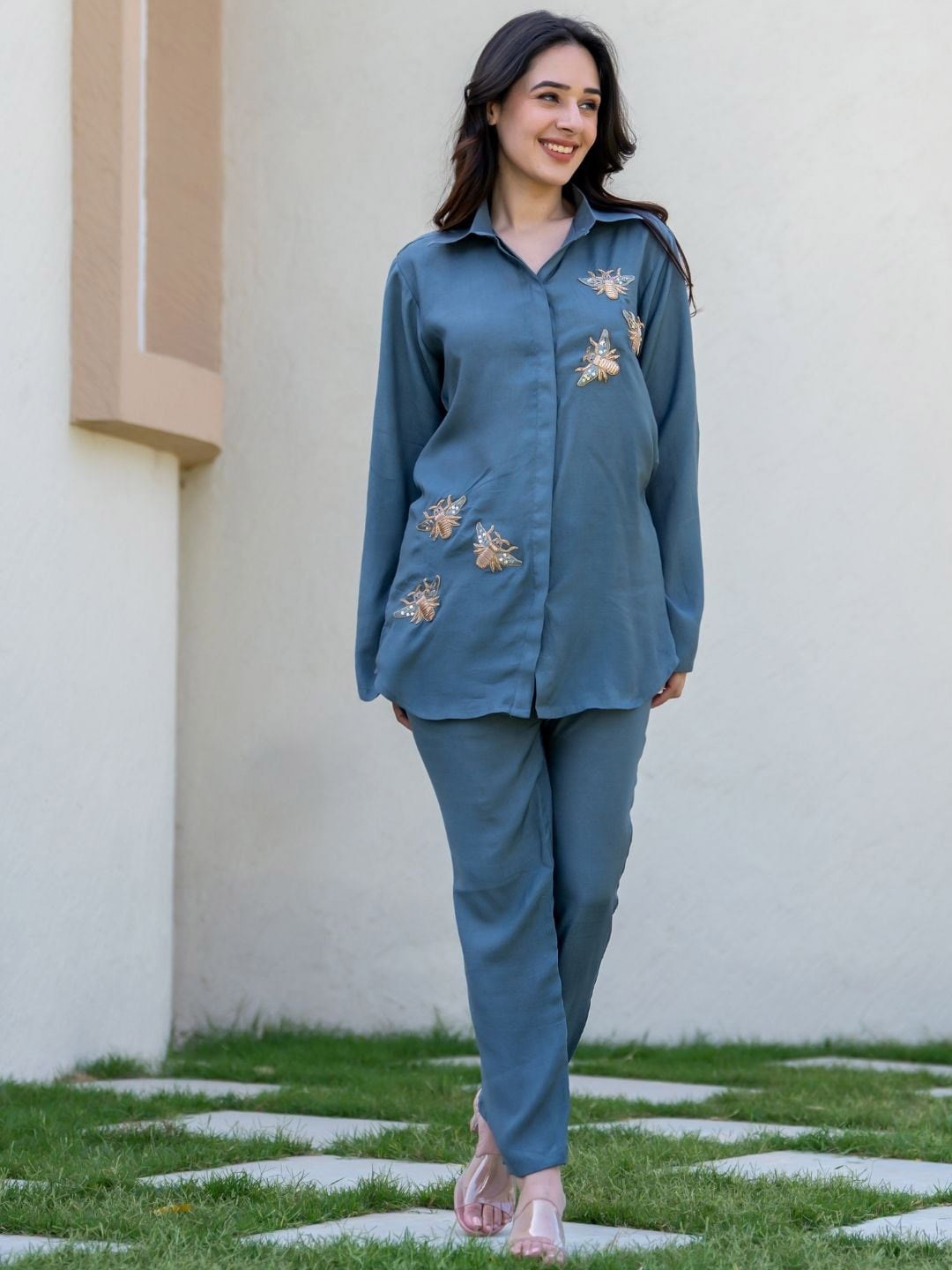 

HOUSE OF JAMOTI Patch Work Detail Tunic With Trouser Co-Ords, Grey