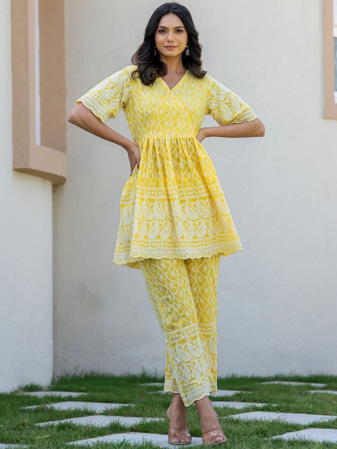 

HOUSE OF JAMOTI Chikankari Embroidered Peplum Top With Trousers Co-Ords, Yellow